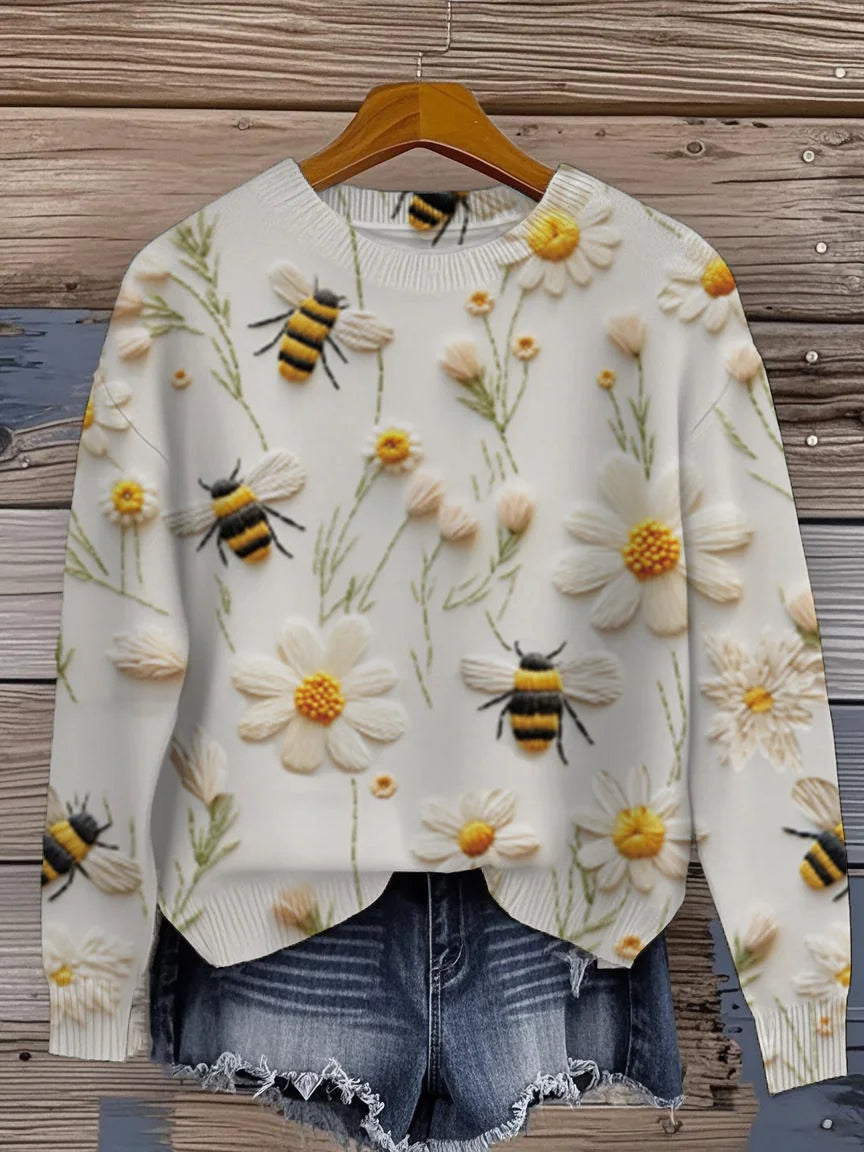 Ladies' autumn and winter printed round-neck long-sleeved knitted pullover - Animal print - suitable for daily casual wear