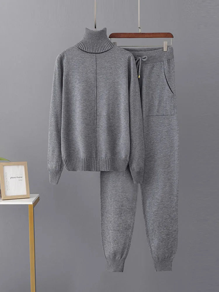 Candy Color Knitted 2 Piece Sets Women Turtleneck Knitwears Sweater Pullover Tops Conjuntos High Waist Casual Harem Pants Outfit