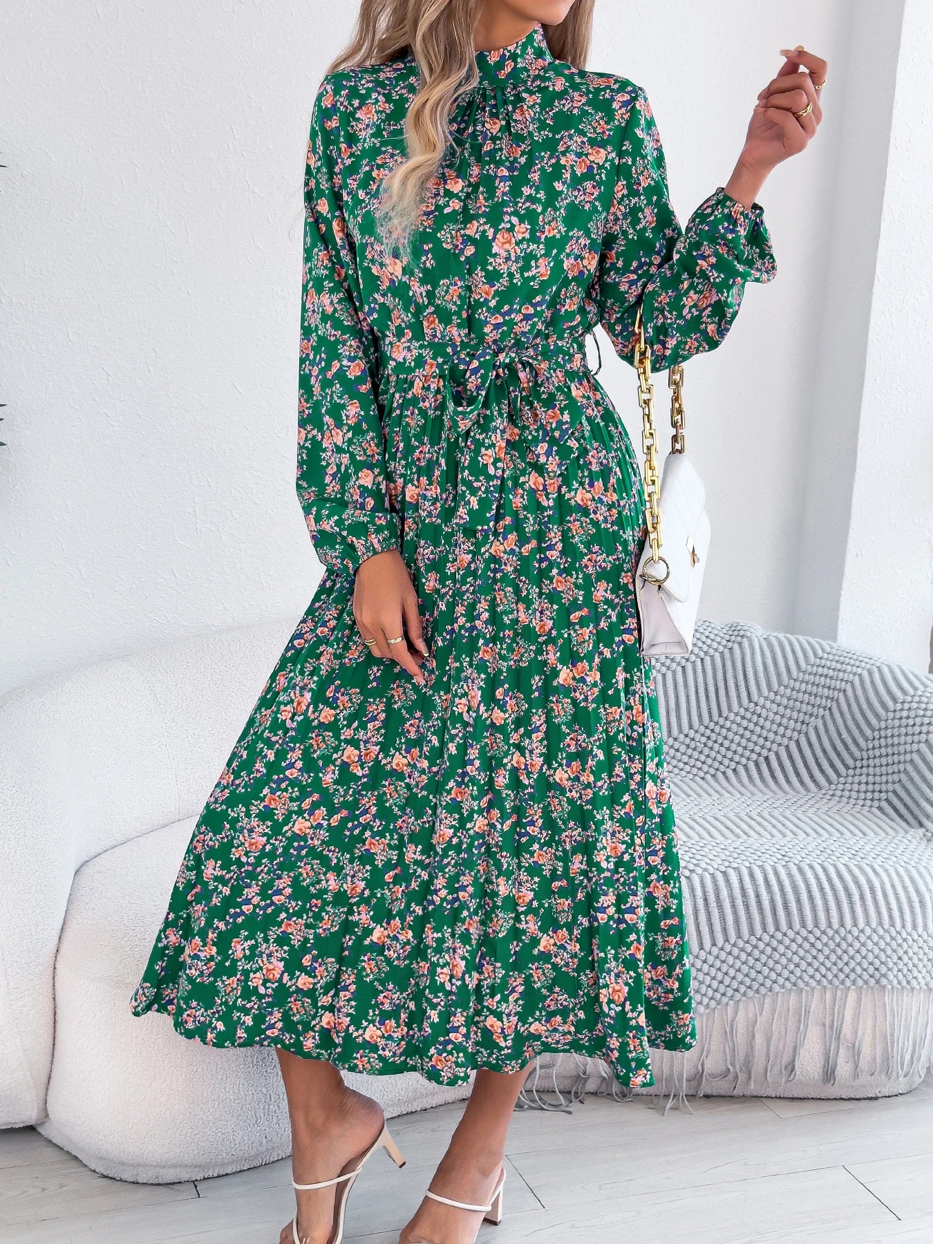 Floral Stand Up Collar Bridesmaid Dress Spring Summer Casual Elegant Long Sleeve Waist Cinched Pleated Long Dresses for Women