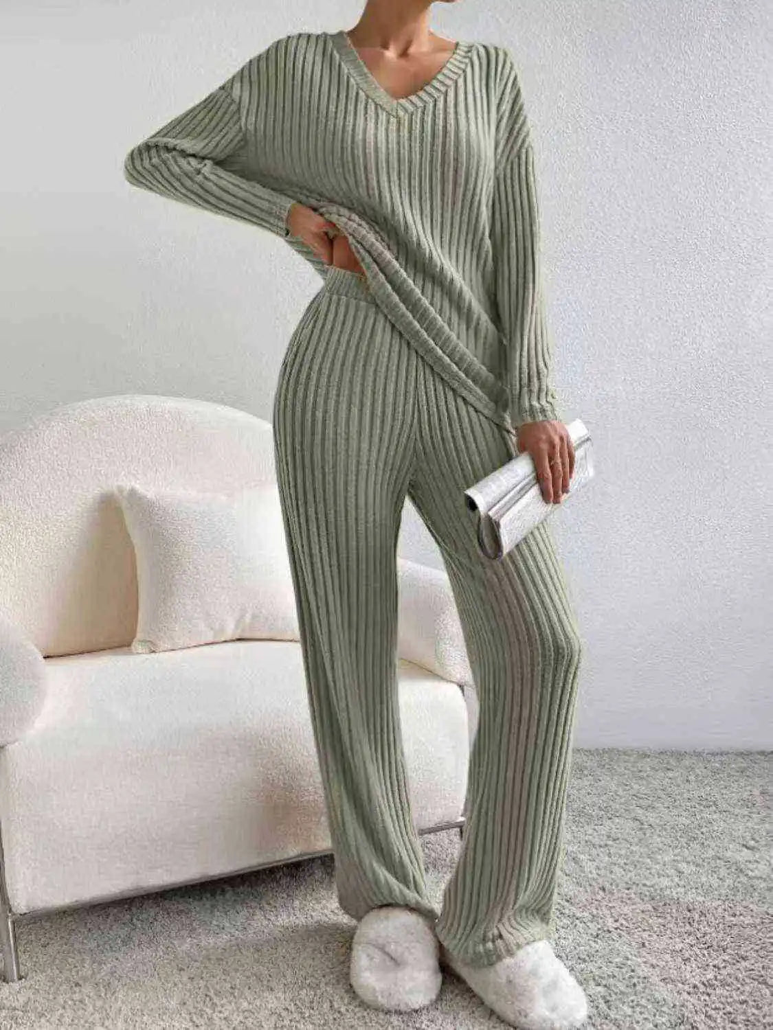 Autumn Winter New Home Set Elegant V-Neck Ribbed Two-Piece Fashion Casual Straight Leg Pants Loose Comfort Outfit