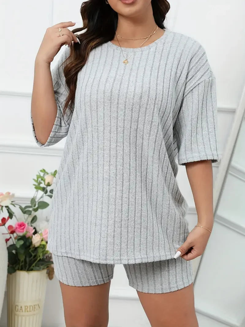 Plus Size Women's Lounge Set Top and Shorts Sets Ladies Solid Ribbed Short Sleeve Round Neck Top & Shorts Pajamas 2 Piece Set