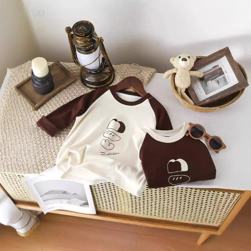 1-12Y Children's Velvet Base Shirt 2025 Spring Long Sleeved Casual Tee Baby Girls Boys Patched Color Round Neck Outerwear Tops