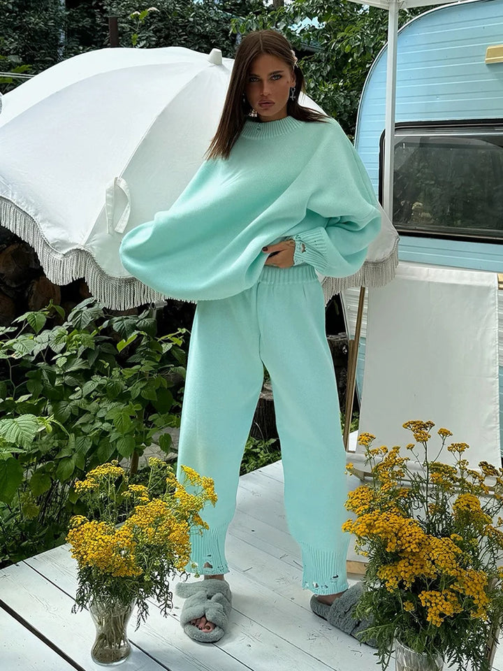 DEAT Fashion Knitted 2 Piece Set Women's Round Neck Loose Ripped Sweater High Waist Loose Pants Suit Autumn New