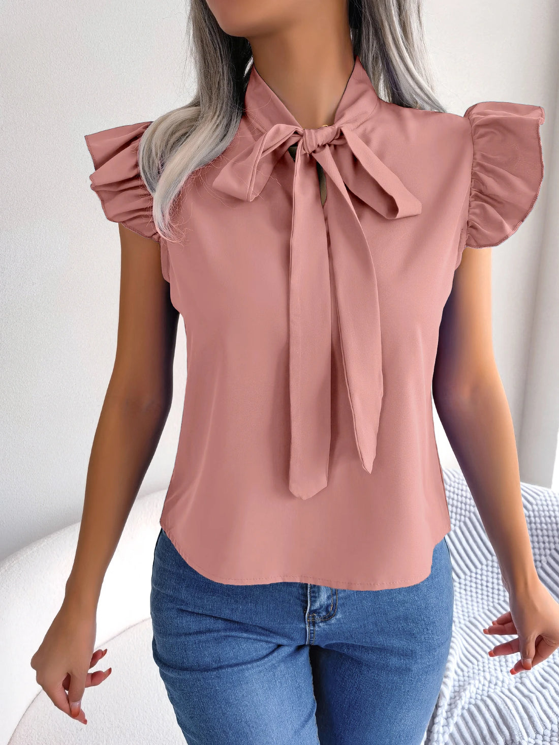 Women Summer Casual Bow Ruffle Short Sleeve Chiffon Blouse
