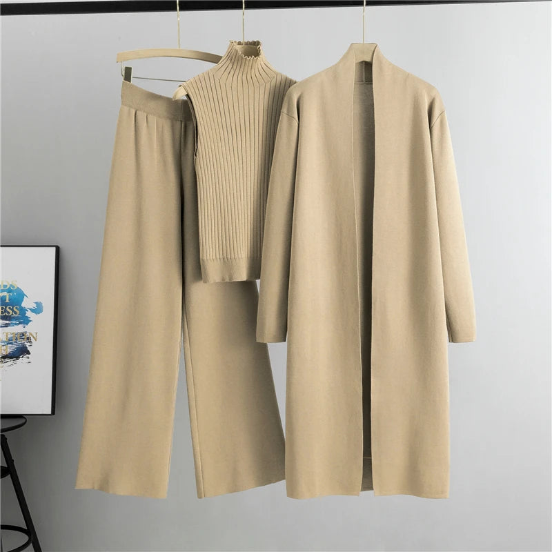 Winter And Autumn Fashionable Elegant Women's Knitted 3-Piece Set cardigan Women's Sweater Women's Wide Leg Pants