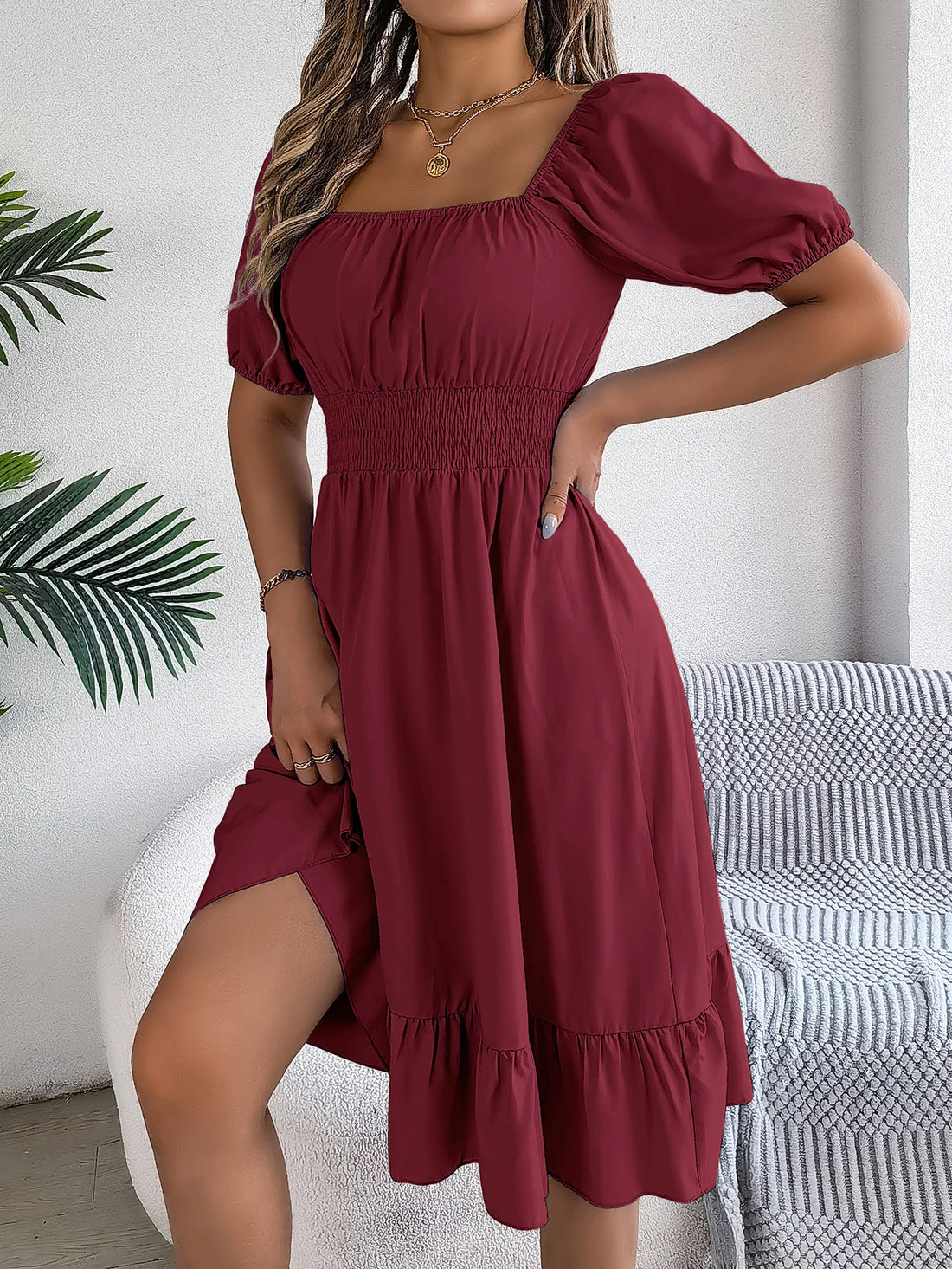 Spring and Summer Elegant High Waisted Dress Square Neck Short Sleeved Ruffled Edge Long Dresses for Women