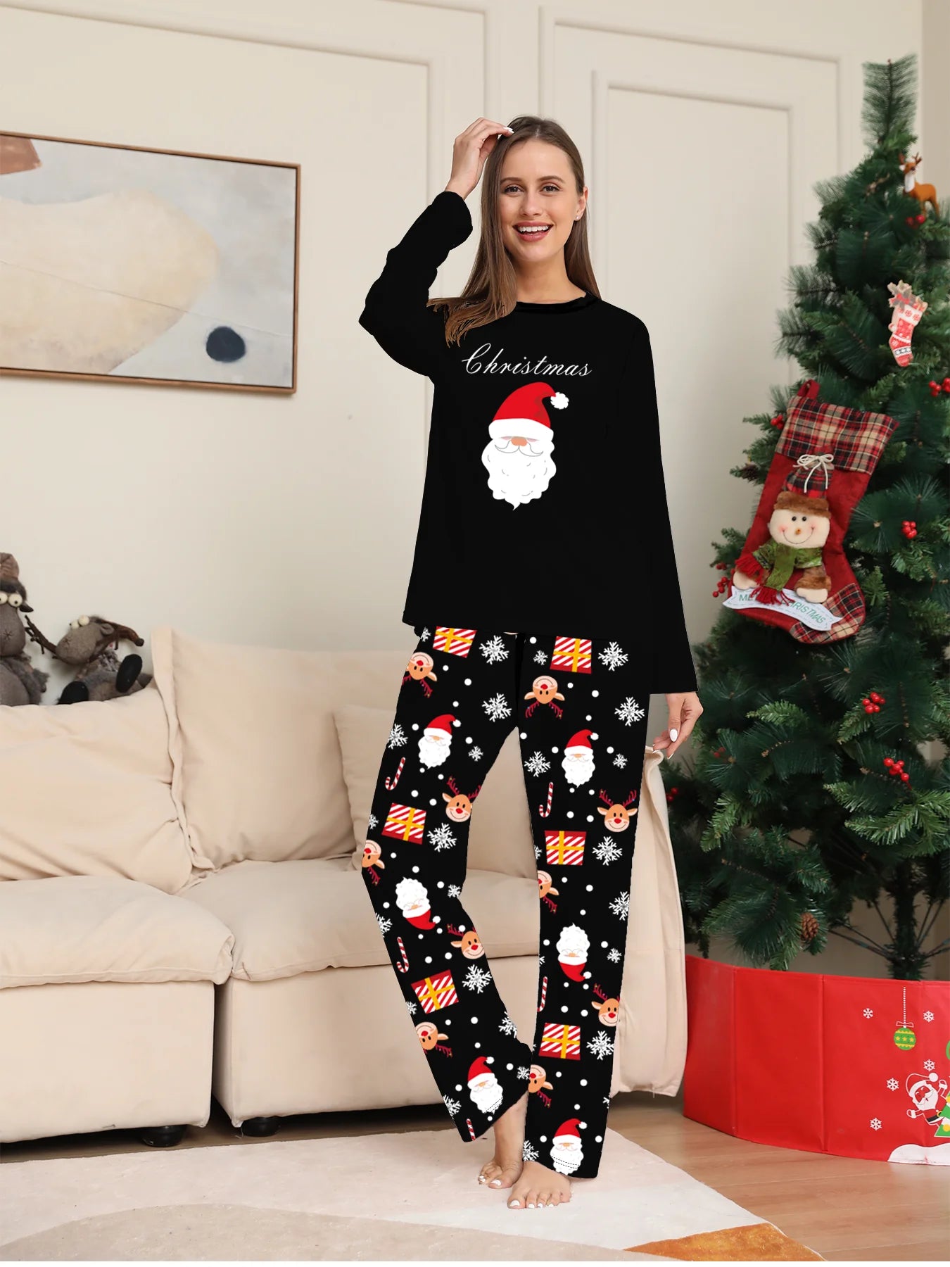 Merry Christmas Couple Pajamas - Long Sleeve Black Santa Print & Festive Pattern Pants Set