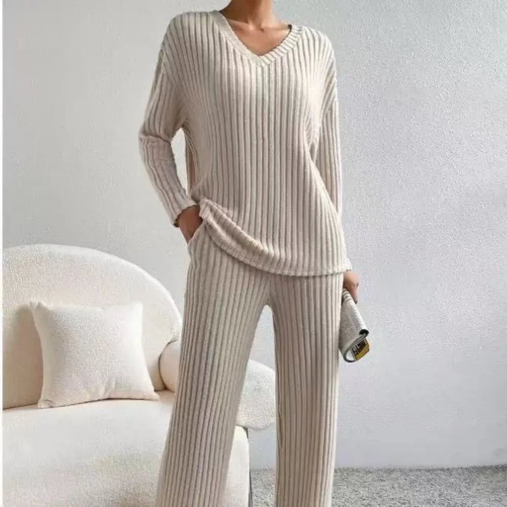 Autumn Winter New Home Set Elegant V-Neck Ribbed Two-Piece Fashion Casual Straight Leg Pants Loose Comfort Outfit