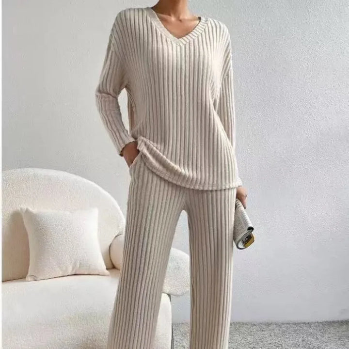 Autumn Winter New Home Set Elegant V-Neck Ribbed Two-Piece Fashion Casual Straight Leg Pants Loose Comfort Outfit