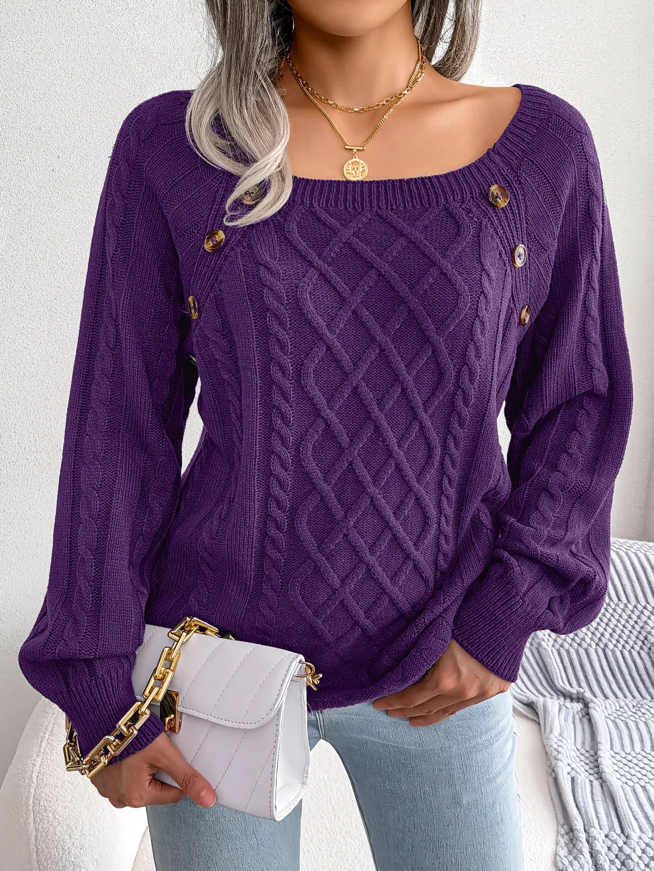 Women Casual Square Collar Buttons Long Sleeve Knitted Pullover Sweaters for Autumn Winter