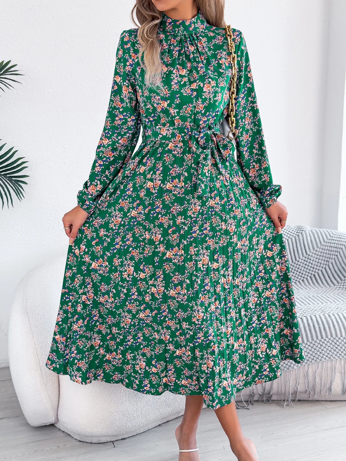 Floral Stand Up Collar Bridesmaid Dress Spring Summer Casual Elegant Long Sleeve Waist Cinched Pleated Long Dresses for Women