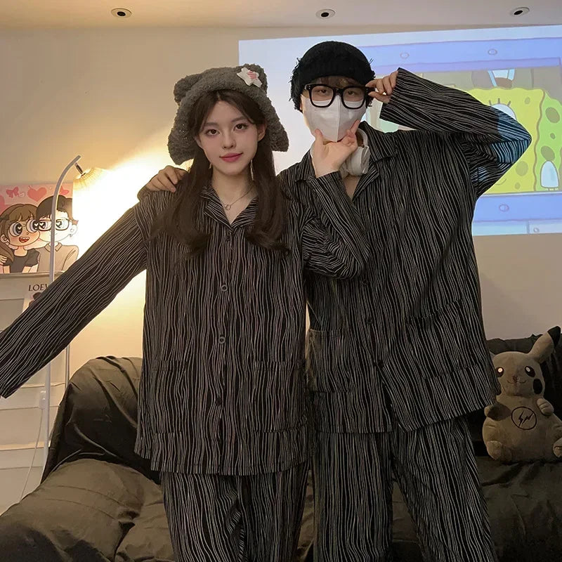 2 Sets of Couple Models Korean Ins Peter Rabbit Couple Pajamas Female Cotton Long-sleeved Men's Striped Two-piece Homewear