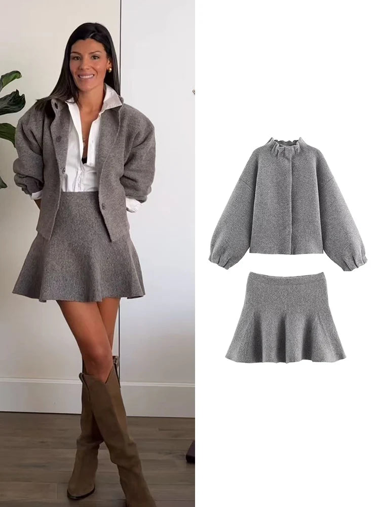 TFMLN Women's Knitted Mini Skirt Set Long Sleeve Loose Bomber Jacket Top A-Line Short Skirt Autumn Winter New Elegant Suit