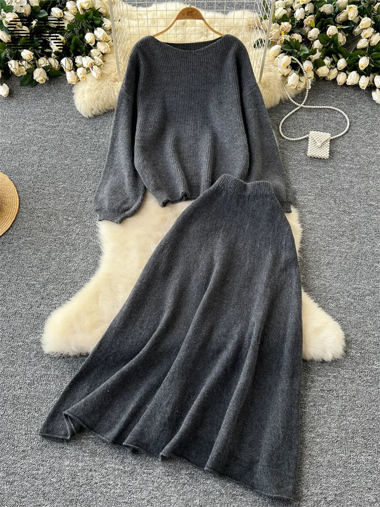 SINGREINY Gentle Korean 2pcs Suits Women Autumn Winter Loose Sweater+Elastic Waist Skirt Ladies Basics Knitting Two Pieces Sets