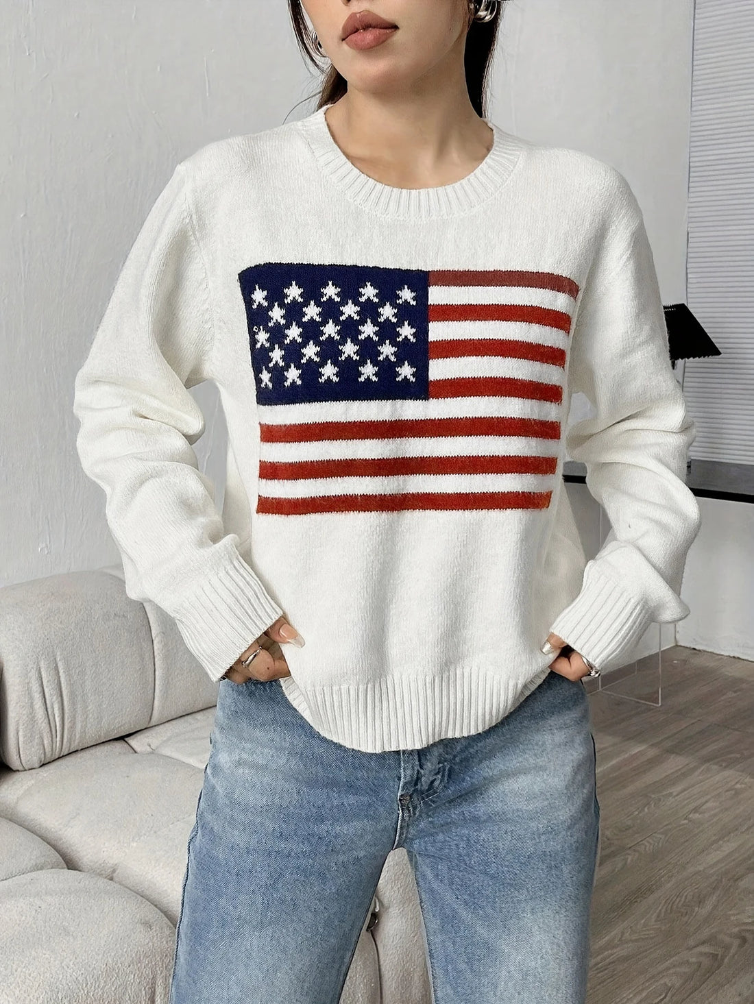 Autumn and Winter New Fashion Woman Sweater Flag Knit Sweater Women's Elegant Casual Collar Long Sleeve Sweater Top