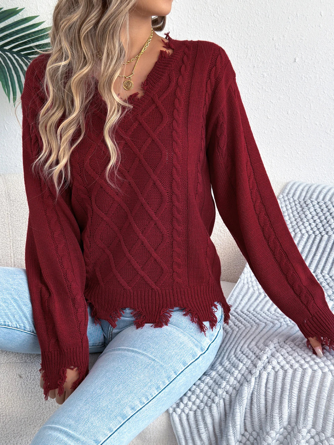 Women's V Neck Ripped Tassel Sweaters 2025 Autumn Winter Casual Solid Color Lantern Long Sleeve Twist Knitted Tops Orange Red