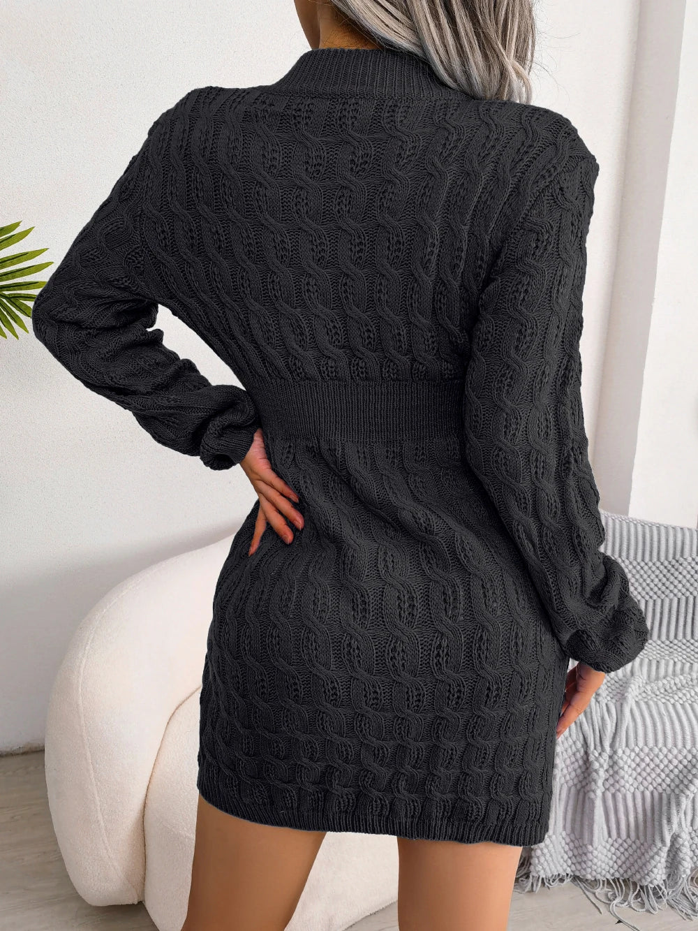 Autumn Winter Women Casual Solid Color Long Sleeve Knitted Sweater Dress Black White Blue Elegant Mini Dress