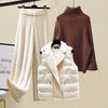 Women Sweater Suit Knitting 3 Piece Sets Cotton Vest Top Pullover Turtleneck Wide Leg Pants Tracksuit Winter Thick Outfits