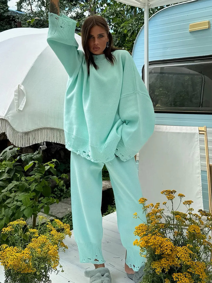 Bornladies Autumn Winter Women's New Turtleneck Knit Sweater Skinny Knit Pants Set Soft Oversized Ripped Hem Fashion Pullover