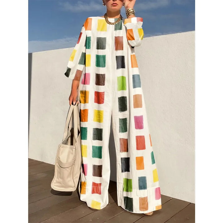 Tinaa Contrast Color Plaid Plus Size Jumpsuits Vacation Cotton Linen Wide Leg Three-Quarter Sleeves Women Clothing 184583