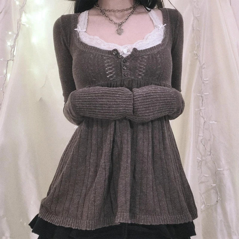 2000s Vintage Long Sleeve Babydoll Knitted Sweater Tops Cottage Milkmaid Pullovers Aesthetic Grunge Y2k Knitwear T-shirts Women