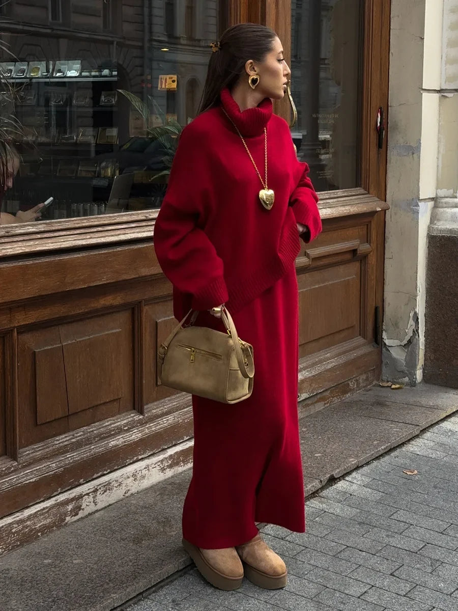 Wolfeel Women's Knitted Turtleneck Sweater Skirt 2- Piece Set  Autumn Winter Loose Solid Color Knit Outfit Casual Warm Suit