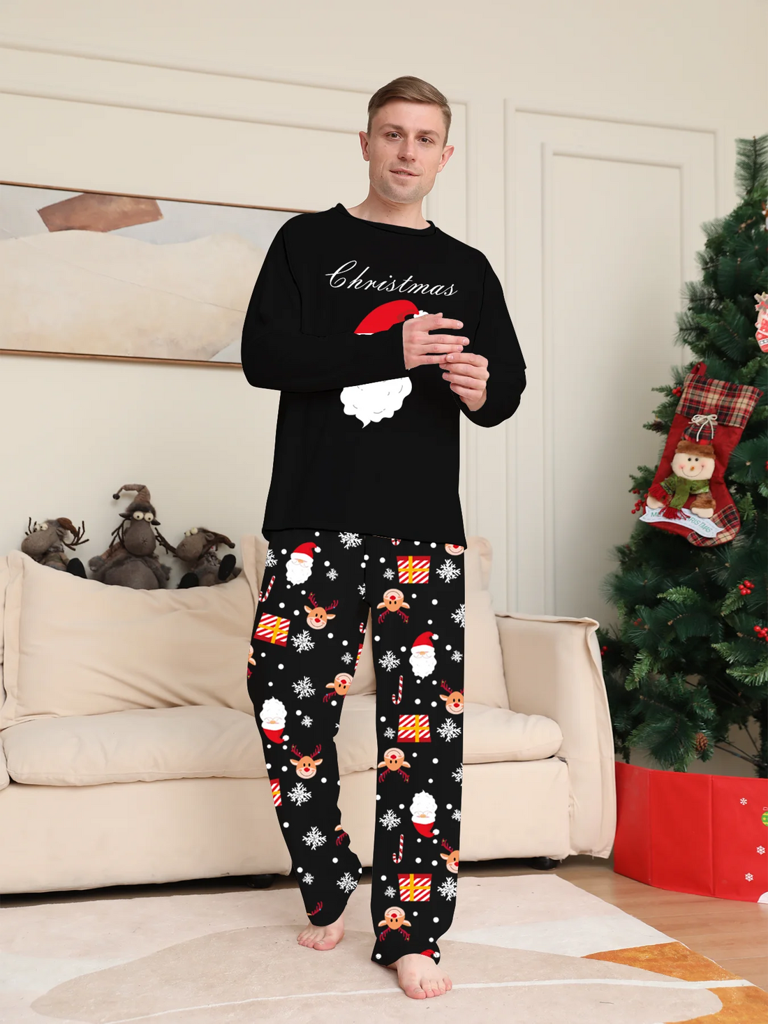 Merry Christmas Couple Pajamas - Long Sleeve Black Santa Print & Festive Pattern Pants Set