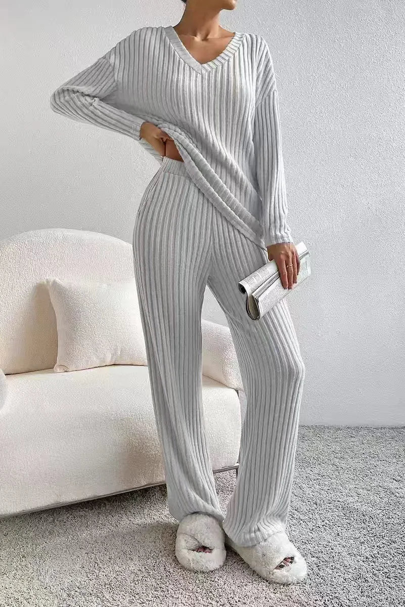Autumn Winter New Home Set Elegant V-Neck Ribbed Two-Piece Fashion Casual Straight Leg Pants Loose Comfort Outfit