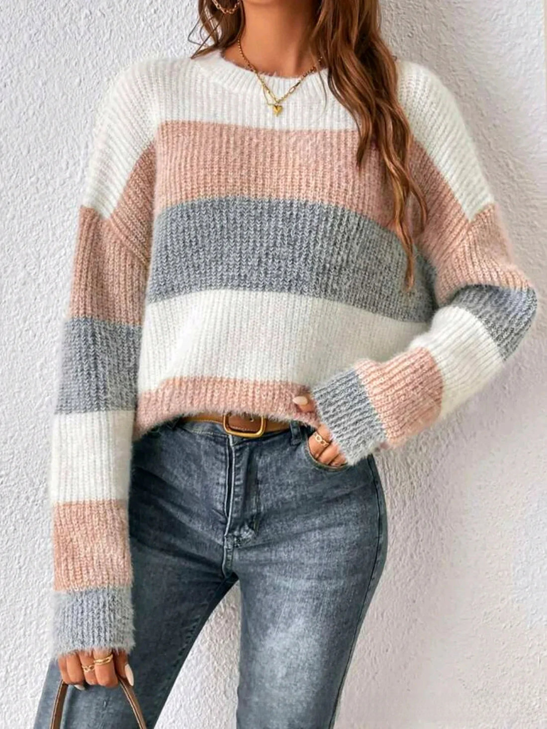 Casual Loose Striped round Neck Women's Sweater Thick Winter Knitted Top French Style Shoulder Loose Autumn Winter Sweater