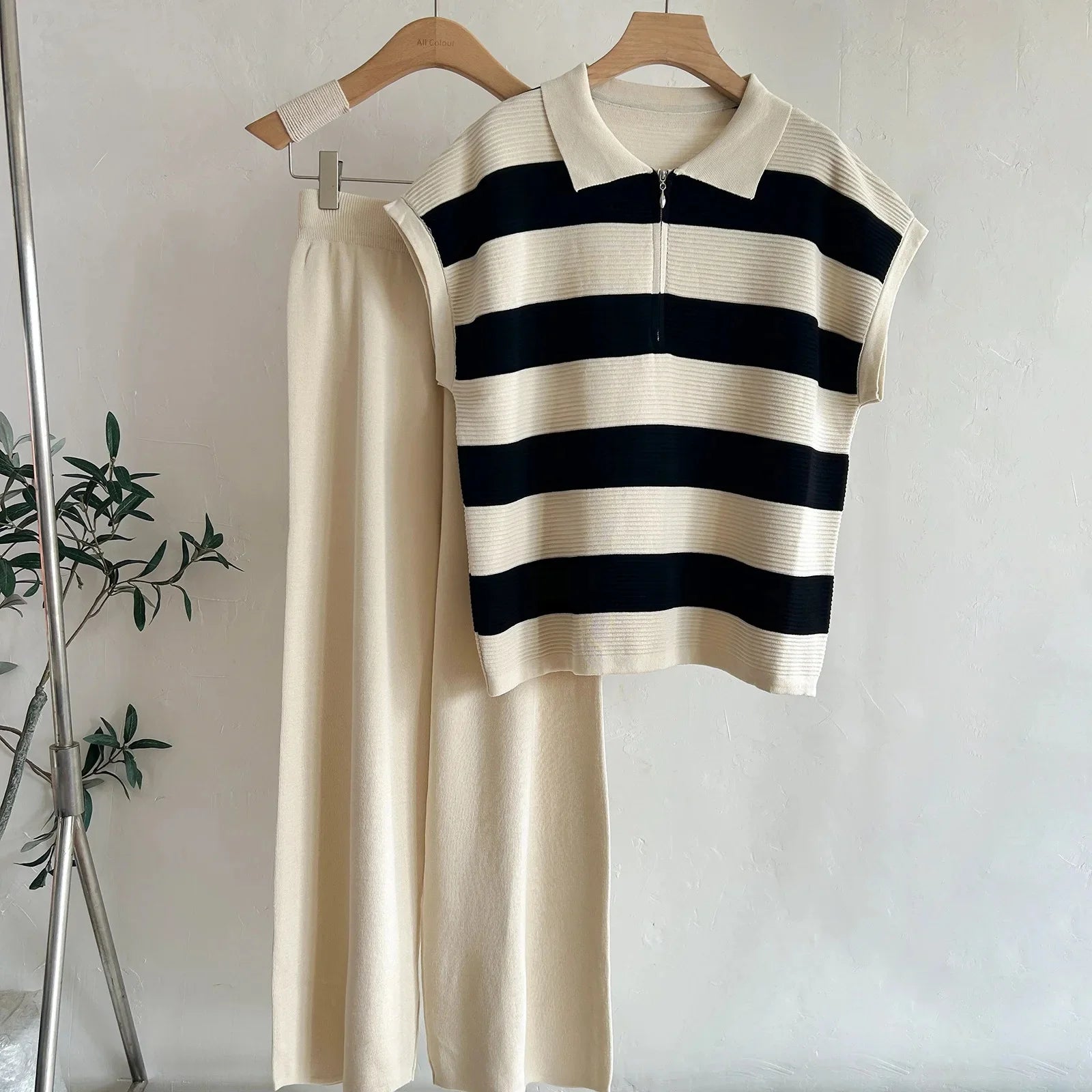 Summer Versatile Knitted Polo Neck Half Zip Sleeveless Top High Waist Wide Leg Pants Matching Set Polyester Fiber