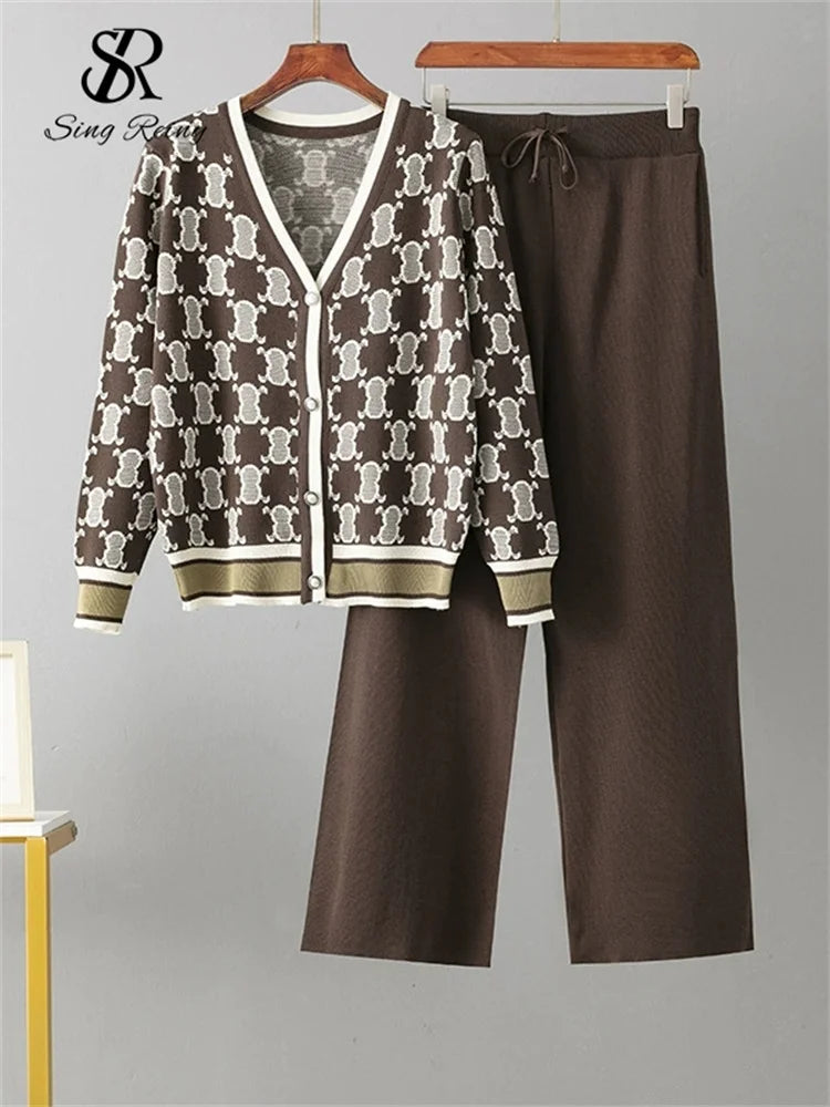 SINGREINY Autumn Two Piece Suits Women V Neck Basics Print Top+Elastic Long Pants Harajuku Casual Knit Sweater Warm Sets