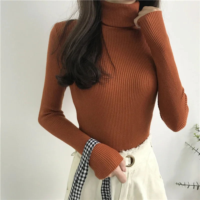 Thick Sweater Women Knitted Ribbed Pullover Sweater Long Sleeve Turtleneck Slim Jumper Soft Warm