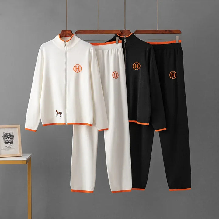 Creative Cross-Border New Product Long Sleeve Knitted Outerwear And Casual Knitted Long Pants Two-Piece Set Embroidered Horse Sp