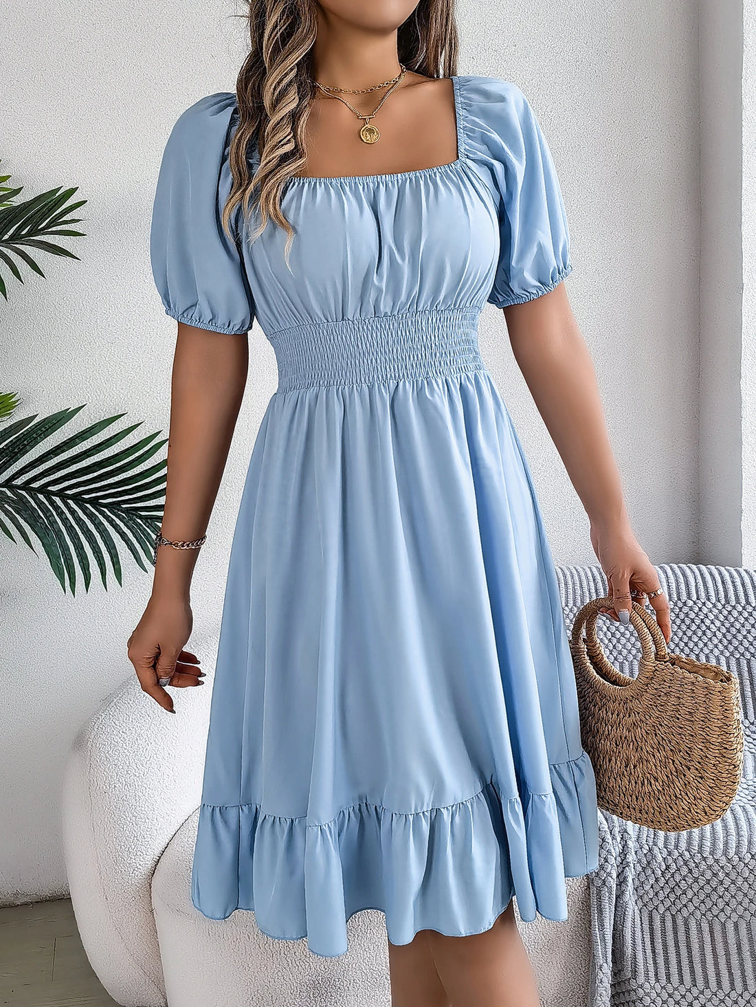 Spring and Summer Elegant High Waisted Dress Square Neck Short Sleeved Ruffled Edge Long Dresses for Women