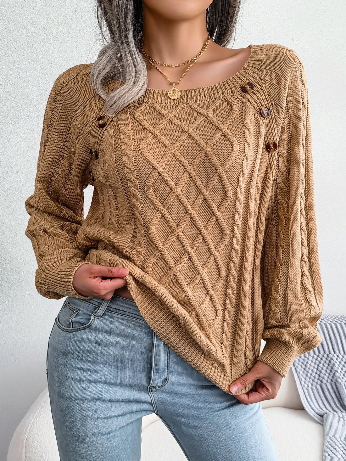 Women Casual Square Collar Buttons Long Sleeve Knitted Pullover Sweaters for Autumn Winter