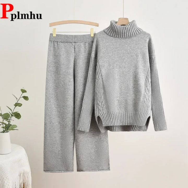 Women Turtleneck Knit Sweater Pullover Tops Conjuntos Casual Elastic Waist Sweatpants Outfit Fall Winter Knitted 2 Piece Sets