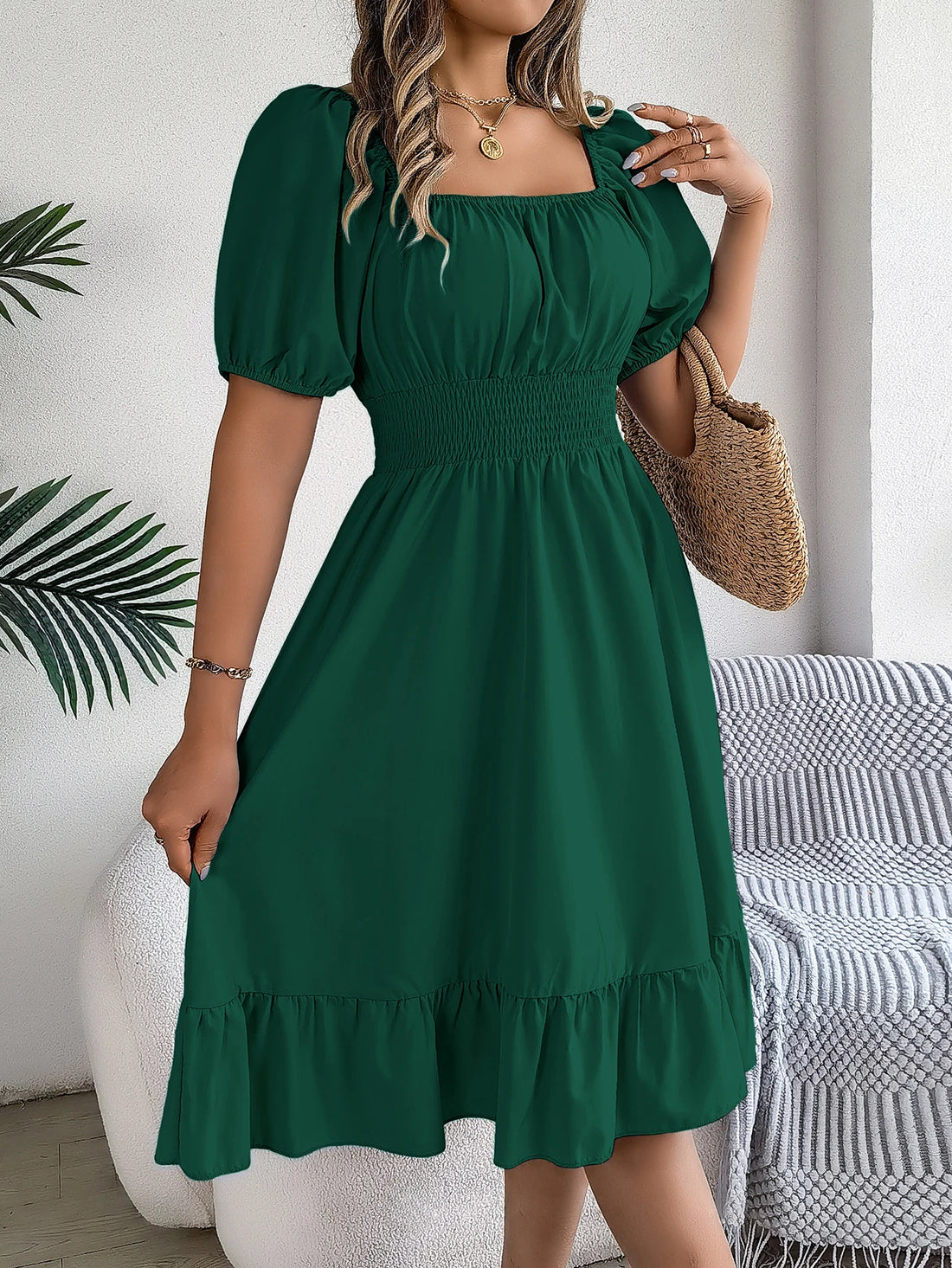 Spring and Summer Elegant High Waisted Dress Square Neck Short Sleeved Ruffled Edge Long Dresses for Women