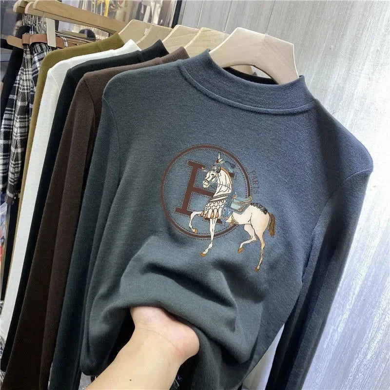 Fleece Half Polo/turtle Neck Base Layer Top Women's Clothing Autumn/winter Style Thickened Warm Sleeves T-shirt Inner Top