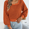 Women's Contrast Color Plaid Striped Sweaters 2025 Autumn Winter Casual Square Neck Lantern Long Sleeve Knitted Tops Orange Red