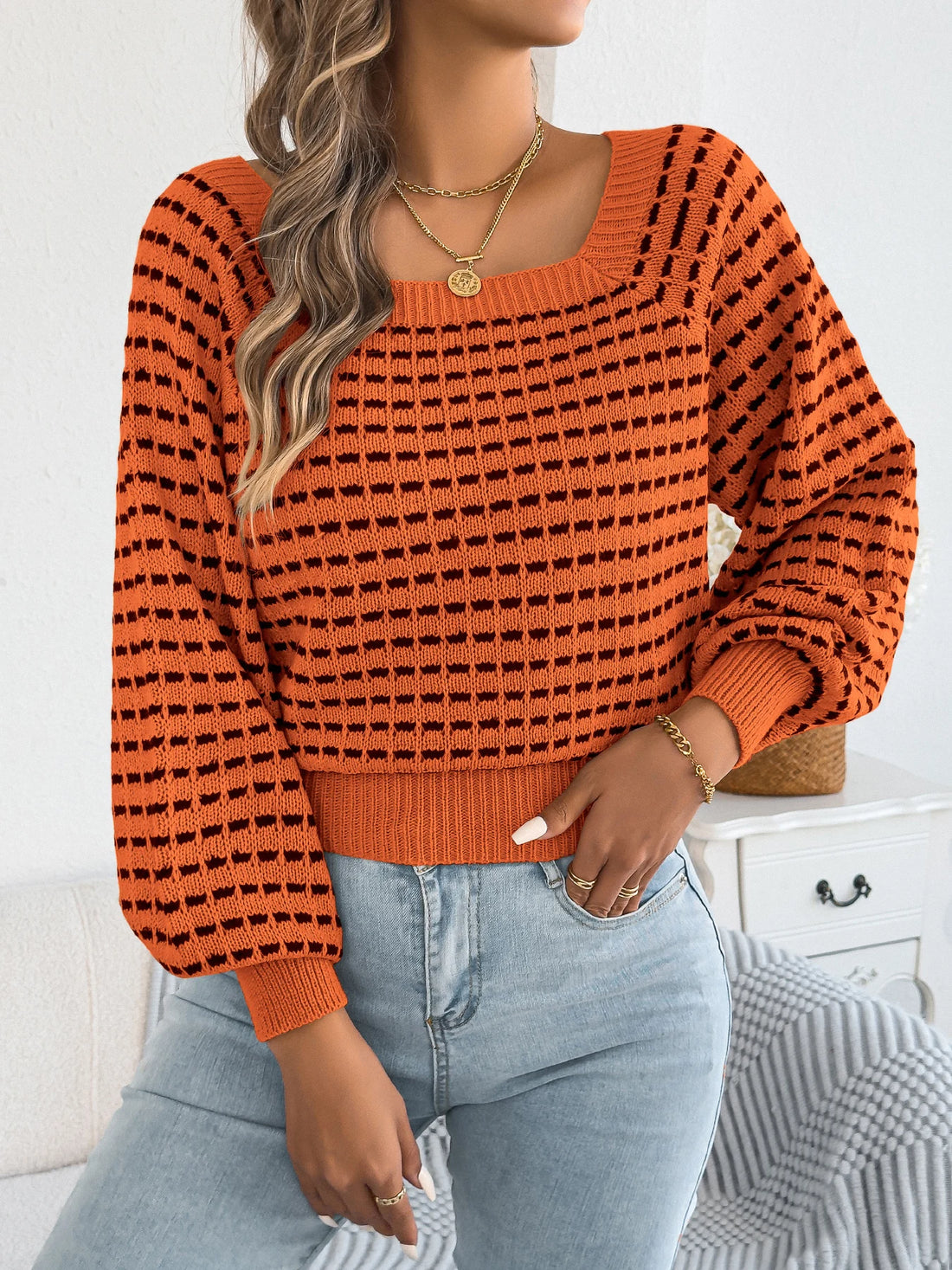 Women's Contrast Color Plaid Striped Sweaters 2025 Autumn Winter Casual Square Neck Lantern Long Sleeve Knitted Tops Orange Red