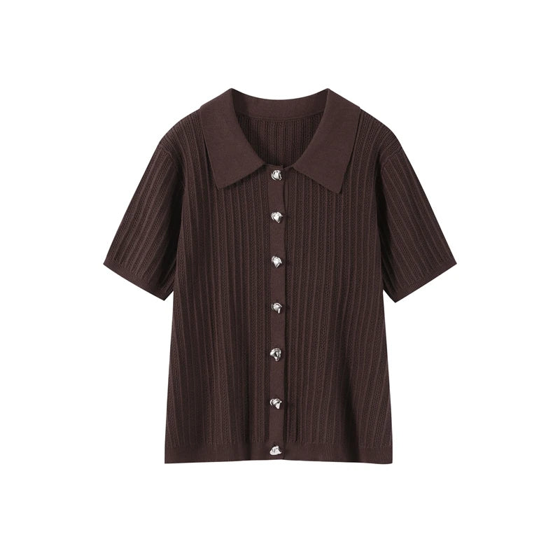 Knitted Pants Set Women Solid Turn Down Collar Half Sleeve Tops Elastic Waist Straight Trousers Spring Chic Lady Outfits