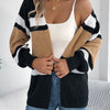 Women's Contrast Color Striped Cardigan Sweaters Autumn Winter Casual Lantern Long Sleeve Knitted Tops Woman Coats