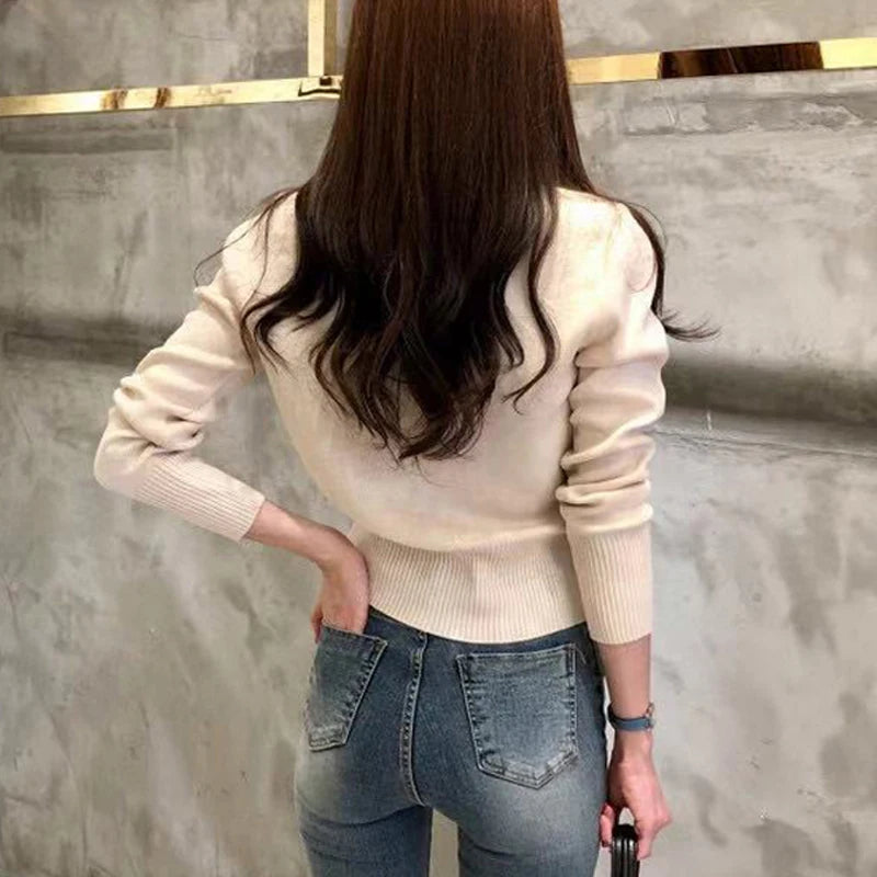 Autumn Long Sleeve Fashion Women Cardigans Sweater Knitted Coat Short Casual Single Breasted Korean Slim Chic Ladies Tops