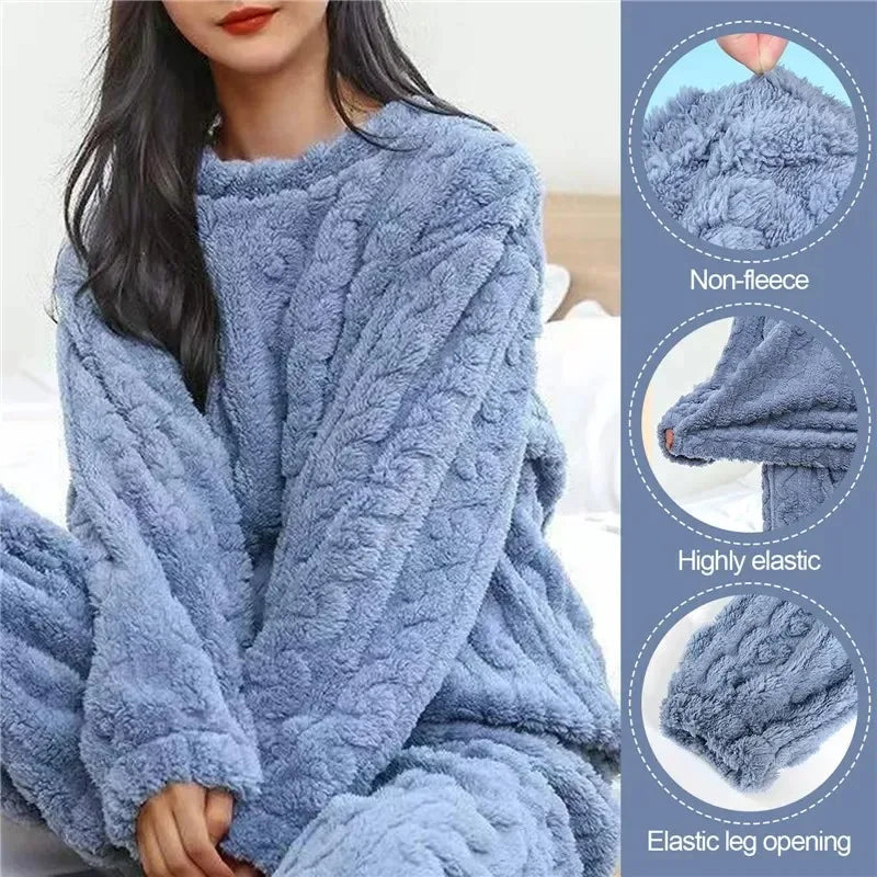 Soft Coral Velvet Jacquard Warm Pajama Set for Women Cozy Loungewear Outerwear for Winter Christmas Valentine's Day Gift ﻿