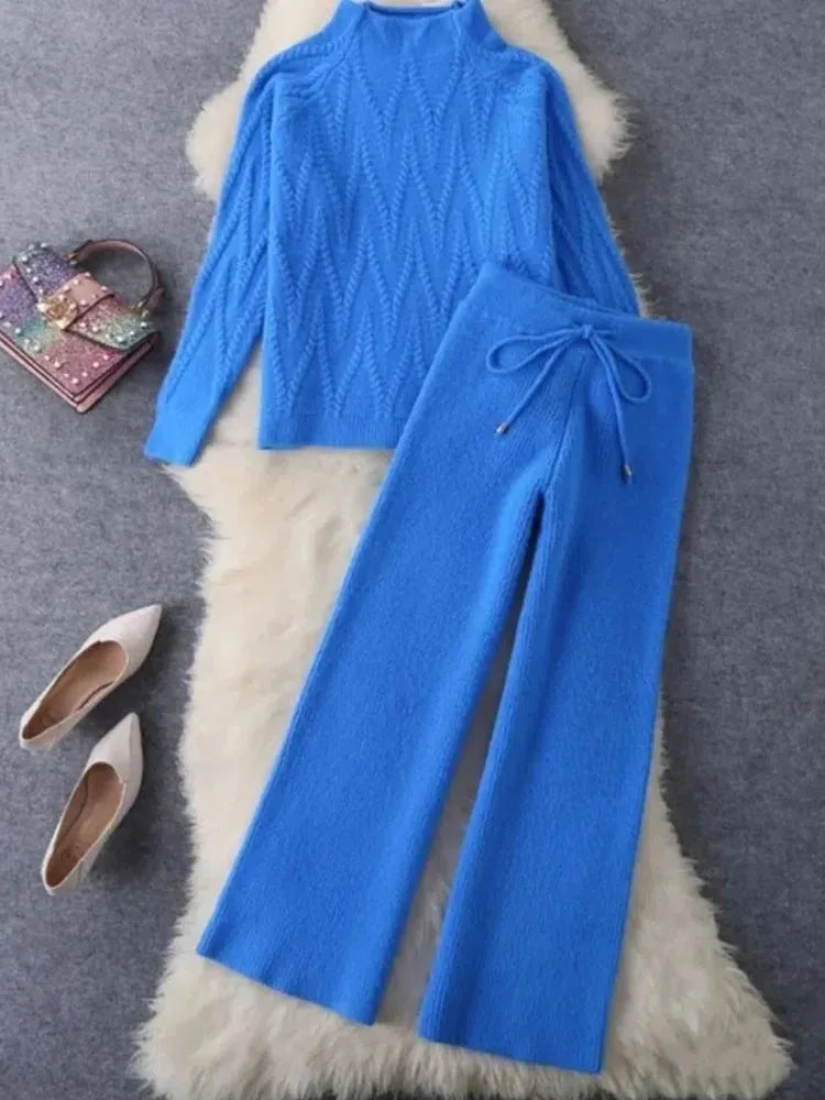 Fall Winter Knitted 2 Piece Sets Half Turtleneck Soft Sweater Outfit  Casual Wide Leg Pant Suits Korean Solid Warm Tracksuit New