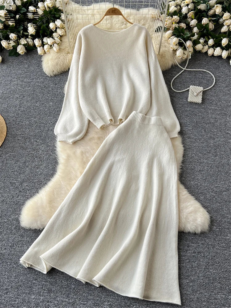 SINGREINY Gentle Korean 2pcs Suits Women Autumn Winter Loose Sweater+Elastic Waist Skirt Ladies Basics Knitting Two Pieces Sets