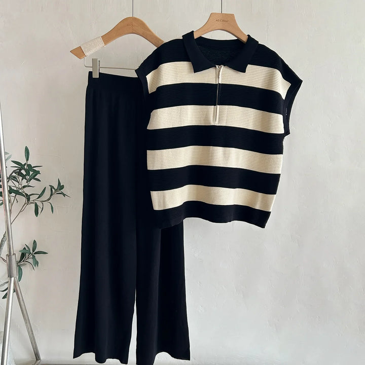Summer Versatile Knitted Polo Neck Half Zip Sleeveless Top High Waist Wide Leg Pants Matching Set Polyester Fiber