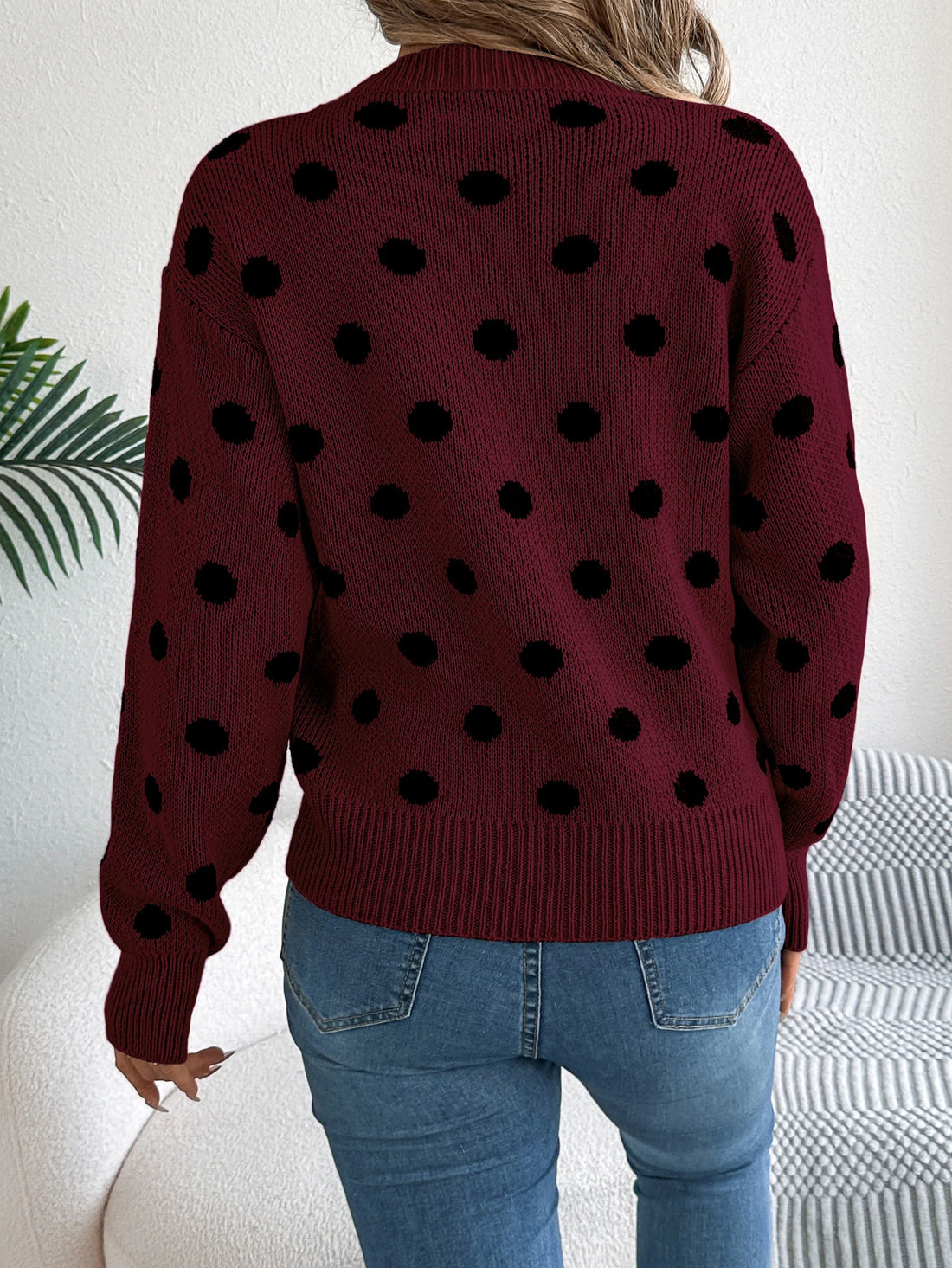 Autumn Winter Fashion Polka Dot Pattern Knitted Sweaters Women Casual Round Neck Lantern Long Sleeve Pullover