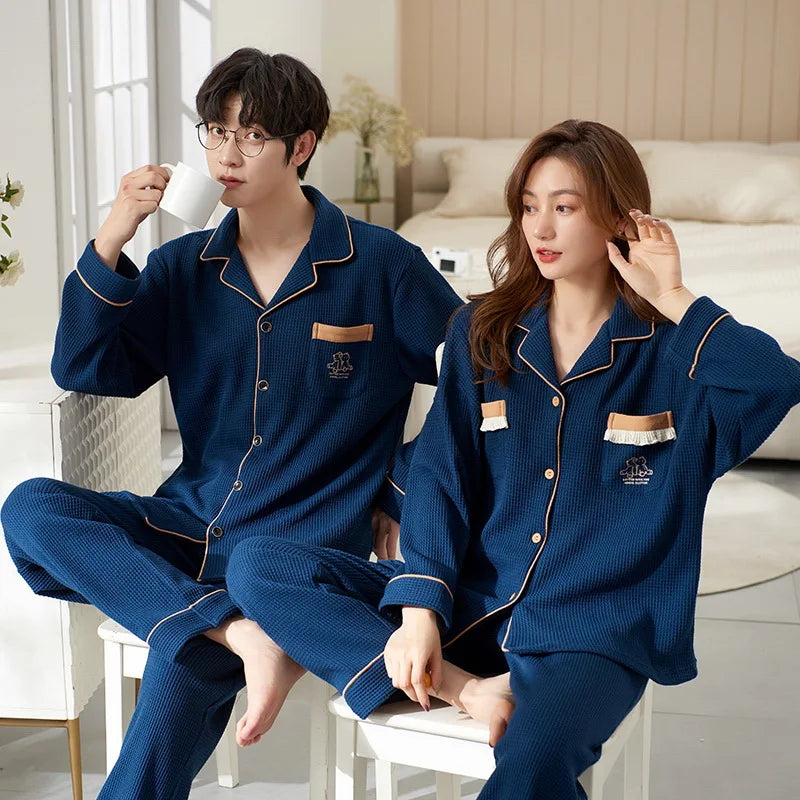 Cotton Couple Pajamas Women Autumn Long sleeve Trouser 2024 New Cardigan Home Wear Men's Suit Outer Wear pijma hombre Dropship