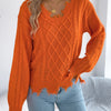Women's V Neck Ripped Tassel Sweaters 2025 Autumn Winter Casual Solid Color Lantern Long Sleeve Twist Knitted Tops Orange Red